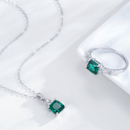 925 Heart of Emerald Necklace and Ring Jewelry Set