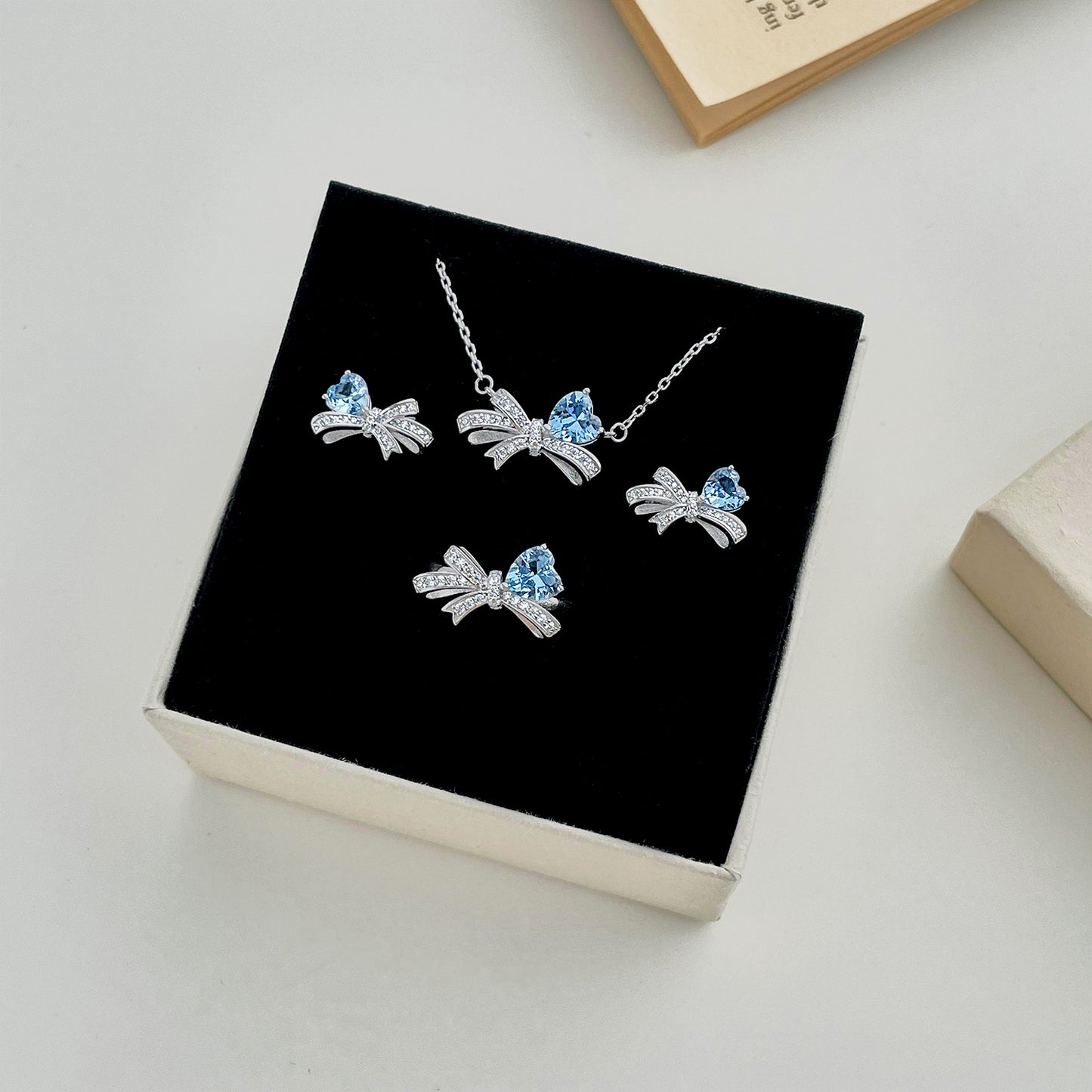 925 Ribbon Heart Necklace, Earrings and Ring Jewelry Set